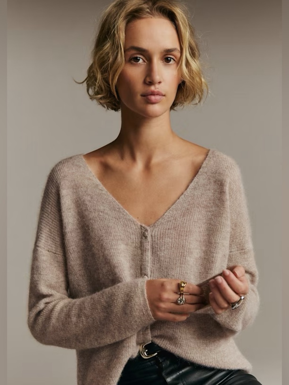 SEZANE Barry Cardigan Sweater Soft Beige Taupe Mohair Alpaca Blend V-Neck M